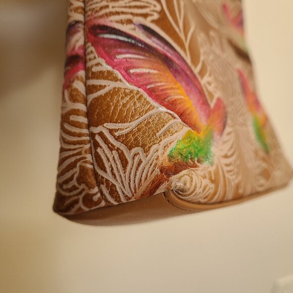 Anuschka Medium Crossbody With Double Zip Pockets Tooled Birds Tan - Picture 7 of 12